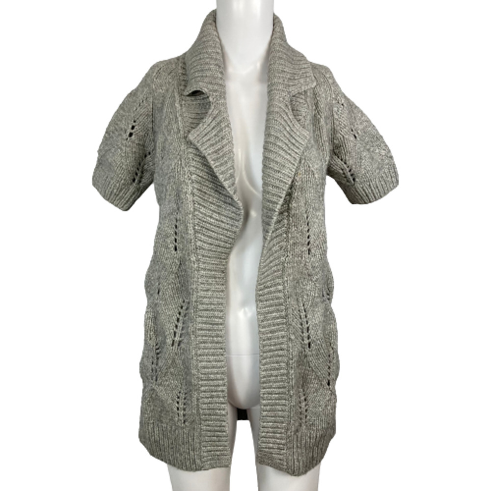 Theory Cardigan‎ Womens Sz Small Gray Wool Cotton Chunky Knit Short Sleeve Open